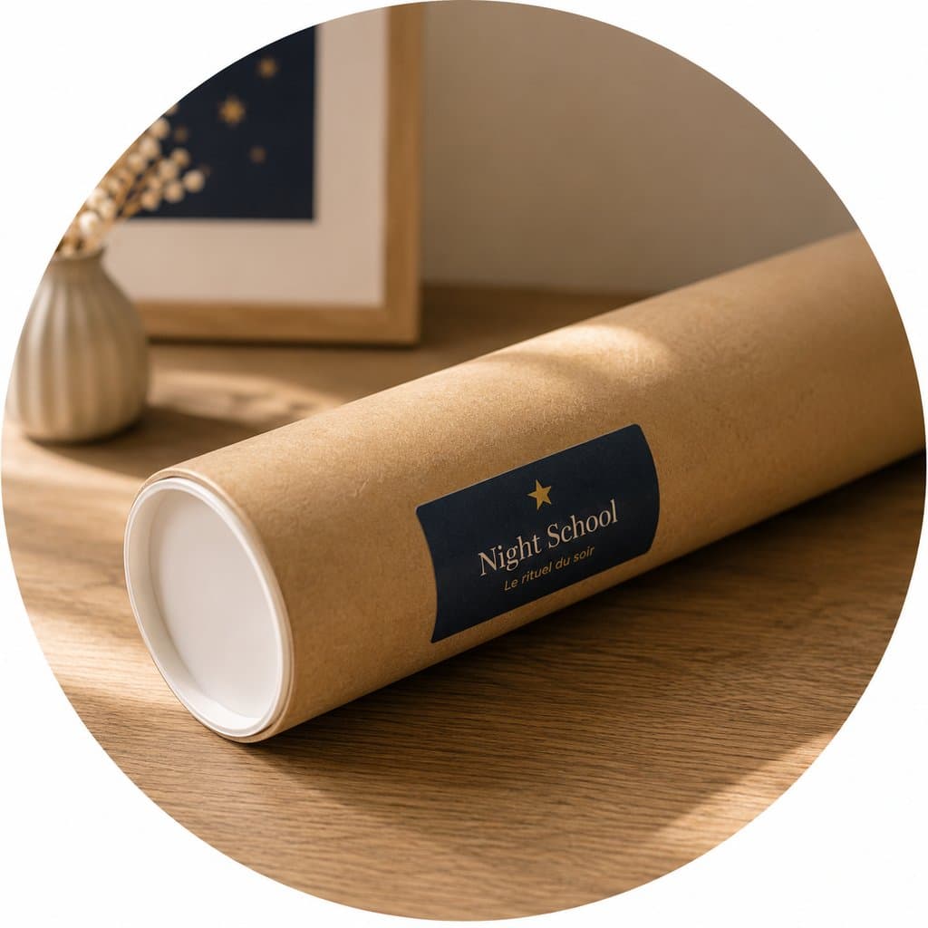 Night School kraft shipping tube on a wooden desk
