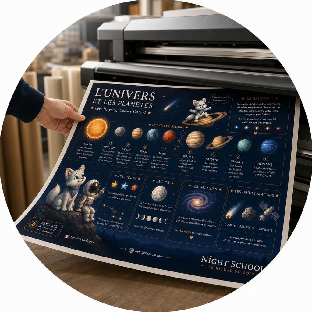 A Night School poster coming out of the printer, held by hand