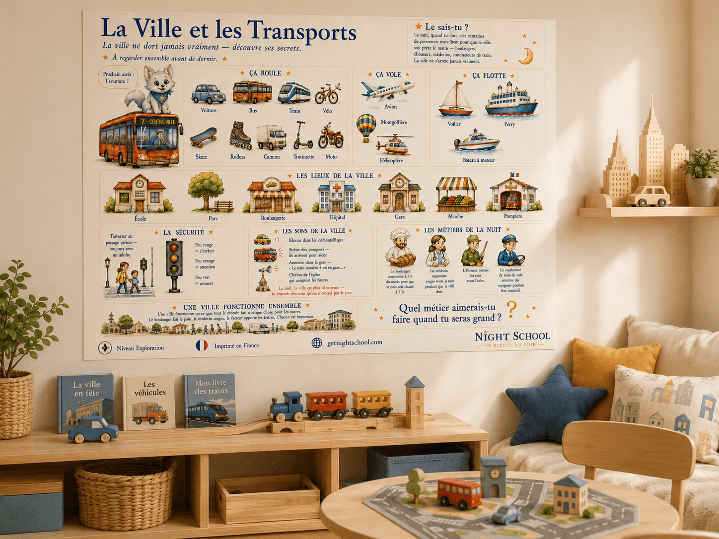 La Ville et les Transports — affiche encadrée dans une chambre d'enfant